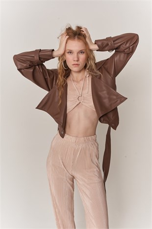 Kadın Bej Crop Bağlamalı Cardy Bluz