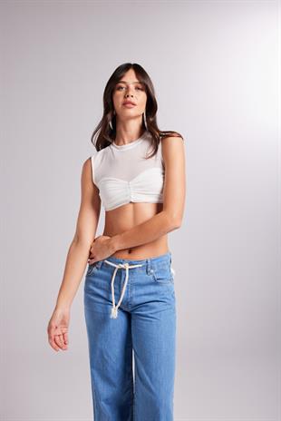 Büzgü Detaylı Tül Buterfly Bluz Beyaz