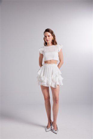 Brode Detaylı Crop Pixie Bluz Beyaz