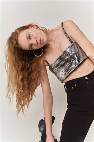 Straplez Askılı Glammy Crop Gümüş