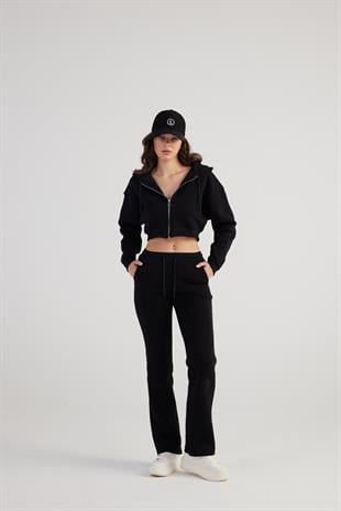 Kadın Siyah Yüksek Bel Straight Kesim Şardonlu Mixed Eşofman Altı