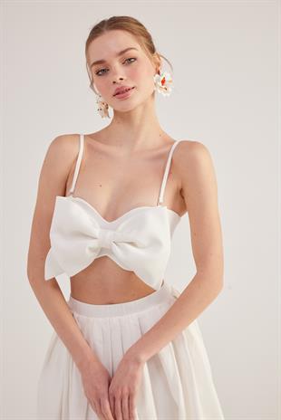Kurdele Görünümlü Crop Jazmin Bluz Beyaz