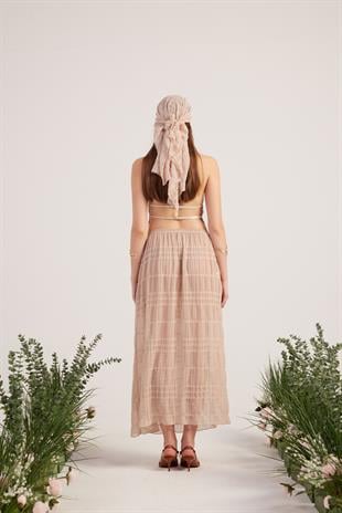 Şal Detaylı Etek Bluz Üçlü Bohemy Takım Bej