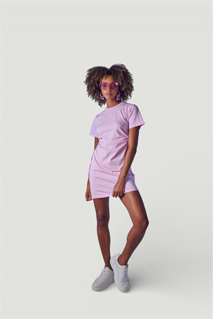 Bisiklet Yaka Kısa Kol Wex Tshirt Elbise Pembe