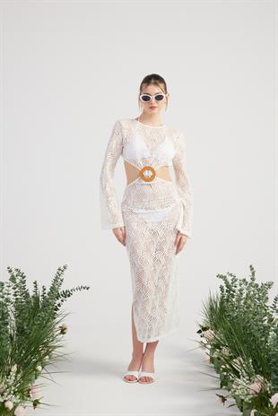 Dantelli Sırtı Açık Çift Yırtmaçlı Uzun Adeline Elbise Beyaz