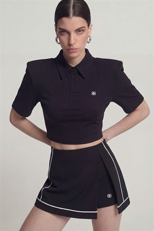 Vatkalı Polo Yaka Carolyn T-Shirt Siyah