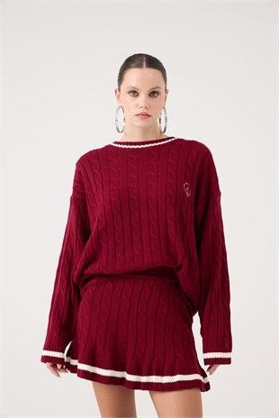 Logolu Örgü Desenli Oversize Triko Harold Kazak Bordo