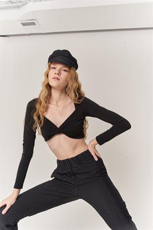 Crop Model Uzun Kol Walery Bluz Siyah