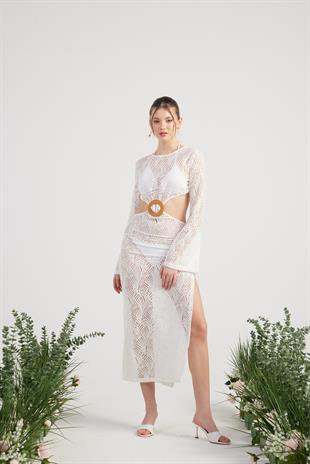 Dantelli Sırtı Açık Çift Yırtmaçlı Uzun Adeline Elbise Beyaz