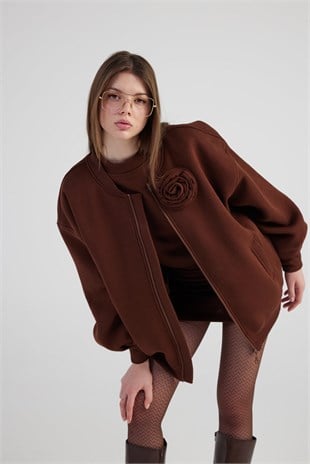 Oversize Çıkarılabilir Gül Detaylı Astarlı Alexa Bomber Ceket Kahve
