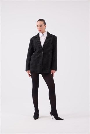 Oversize Kesim Çizgili Strip Blazer Ceket Siyah