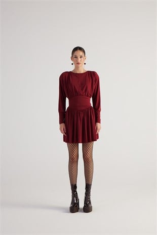 Beli Korse Görünümlü Vatkalı Mini Jade Elbise Bordo