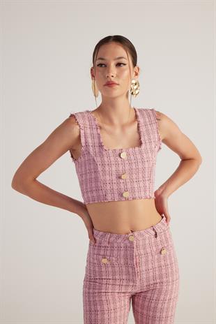 Tüvit Kumaş Crop Tweed Büstiyer Pembe