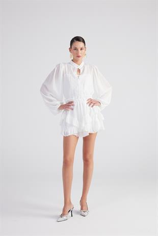 Brode Detaylı Atletli Pixie Gömlek Beyaz