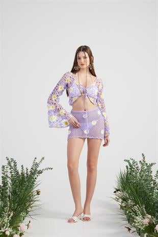 Çiçek Desenli Triko Pareo Doll Takım Lila