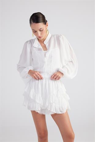 Brode Detaylı Atletli Pixie Gömlek Beyaz