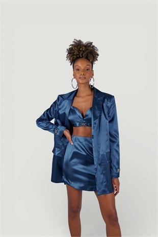 Askılı Crop Saten Fancy Büstiyer Lacivert