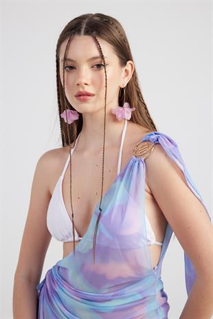 Özel Aksesuarlı Tek Omuzlu Tül Helen Pareo Lila