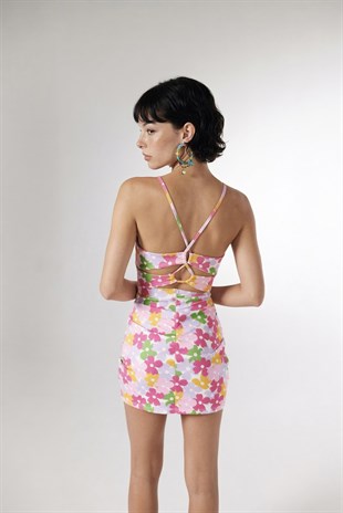 Boyun Bağlamalı Crop Bel Bağlamalı Verano Elbise Pembe