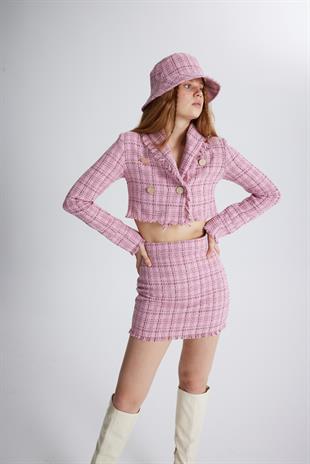 Tüvit Kumaş Crop Tweed Ceket Pembe