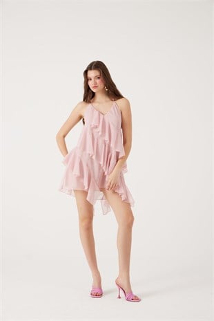 Fırfırlı Boyundan Bağlamalı Mini Lea Elbise Pembe