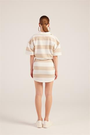 Polo Yaka Çizgili Mini Pamela Elbise Bej
