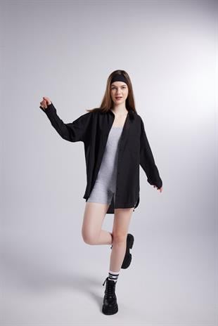 Cepli Oversize Kesim Lovesize Gömlek Siyah
