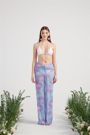 Beli İp Detaylı Tül Pareo Shirred Pantolon Lila