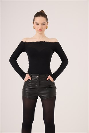 Madonna Yaka Dantelli Macy Kaşmir Bluz Siyah