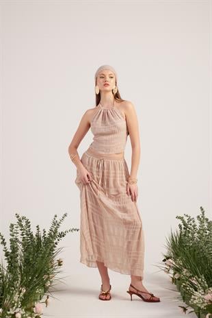 Şal Detaylı Etek Bluz Üçlü Bohemy Takım Bej