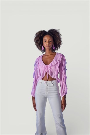Crop Model Bağlamalı Kol Detaylı Elsa Bluz Pembe