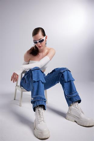 Yüksek Bel Wide Leg  Cargo Jean Pantolon Mavi