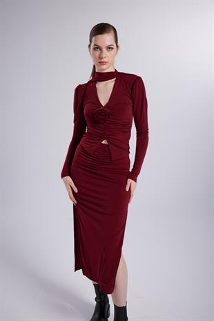 Şal Yaka Detaylı Serre Bluz Bordo