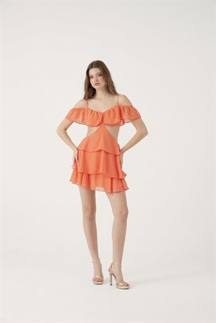 Mini Boy Dekolteli Açık Omuz Detaylı Ruby Elbise Turuncu