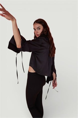 Özel Dokulu Saten Crop Silky Gömlek Siyah