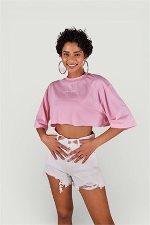 Bisiklet Yaka Holly Crop Tshirt Pembe