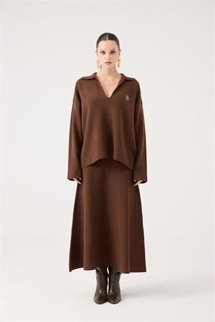 Oversize Kesim Polo Yaka Zoi Triko Kazak Kahve