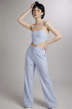 Askılı Çizgili Harmony Poplin Büstiyer Mavi