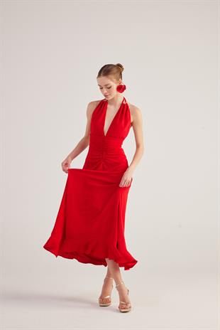 Boyundan Bağlamalı Uzun Singa Elbise Kırmızı