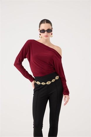 Asimetrik Yaka Talia Bluz Bordo