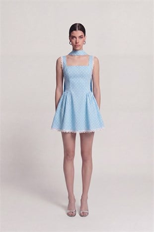 Polka Dot Shawl Detail Lace Mini Yvonne Dress Blue