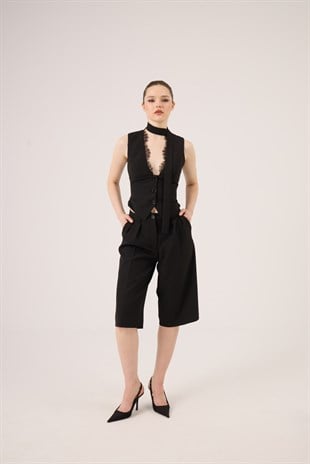 Yüksek Bel Tek Pilili Nina Bermuda Pantolon Siyah