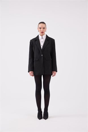 Oversize Kesim Çizgili Strip Blazer Ceket Siyah