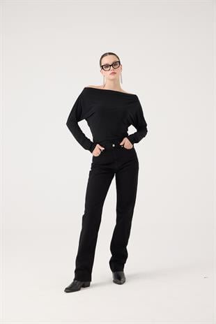 Yüksek Bel Straight Kesim Sagrado Jean Pantolon Siyah