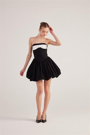 Balon Etekli Kurdelalı Mini Martha Elbise Siyah