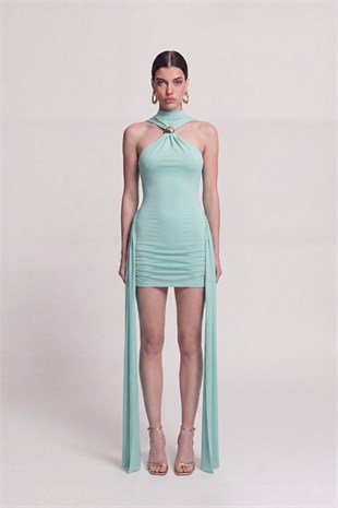 Halter Yaka Aksesuarlı Mini Lilian Elbise Mavi