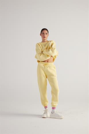 3 İplik Şardonlu Lastikli Paça Fine Eşofman Altı Sarı