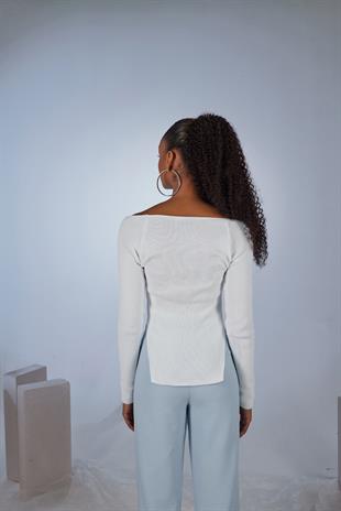 Uzun Kol Kalp Yaka Rolla Kazak Beyaz