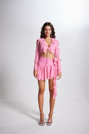 Gül Detaylı Şifon Carmen Etek Pembe