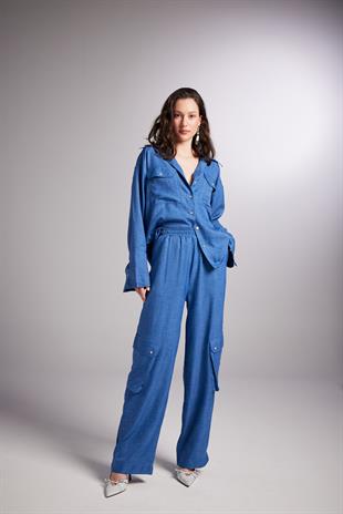 Kargo Cepli Beli Lastikli Julia Pantolon Mavi